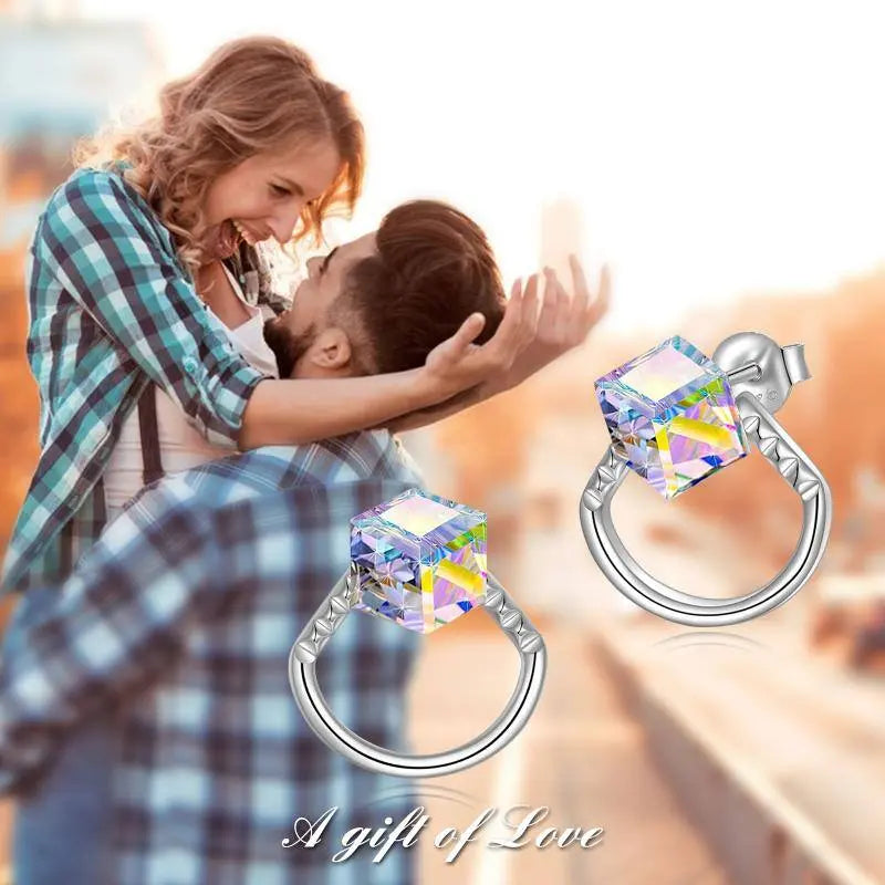 💎✨ Sterling Silver Cube Aurora Borealis Crystal Stud Earrings 🌈 | Hypoallergenic Minimalist Jewelry for Everyday Wear 💖 g8central.com