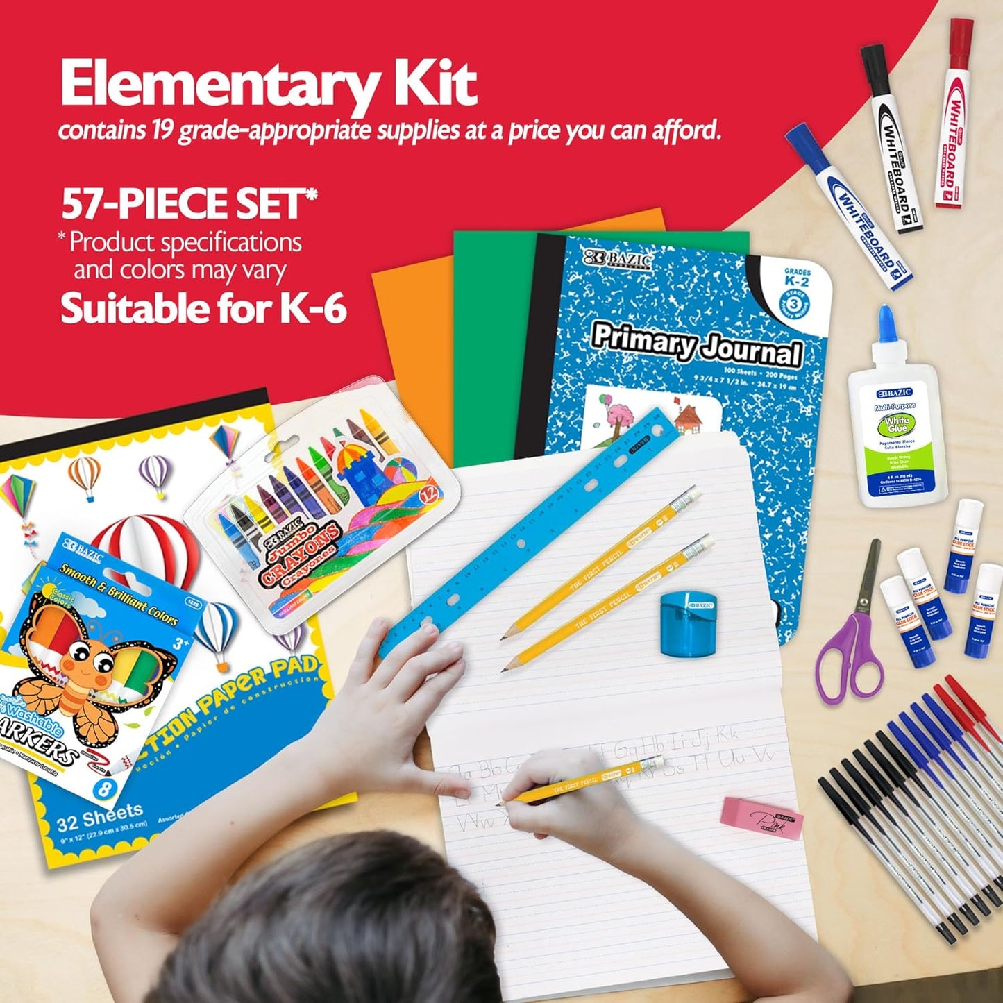 Primary School Kit Supply Box ✏️📓 | 57 Count Back‑to‑School Essentials for Kindergarten–Grade 6 🎨🖍️ | Composition Book + Coloring Pencils (Colors May Vary) | 1 Pack