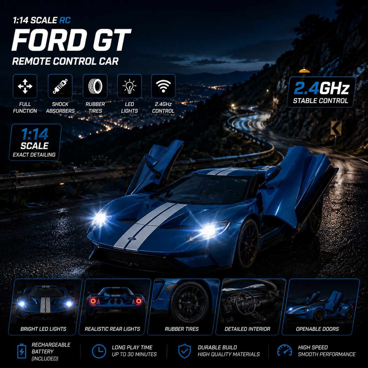 Blue 1:14 Ford GT remote control race toy car with open doors