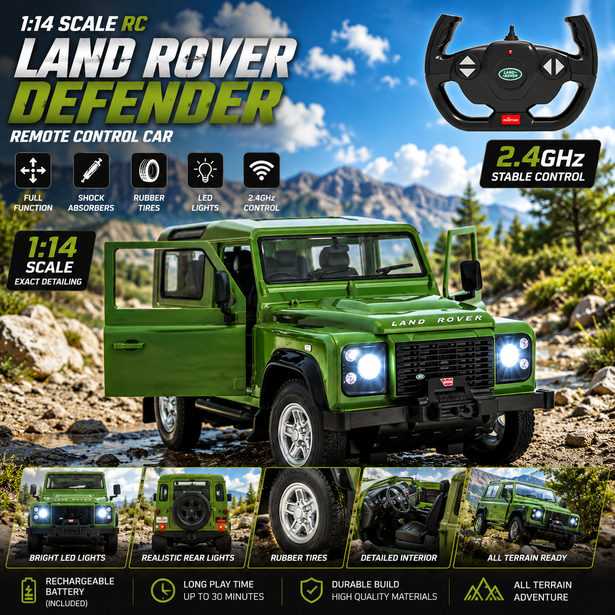 Green 1:14 Land Rover Defender RC off-road model car