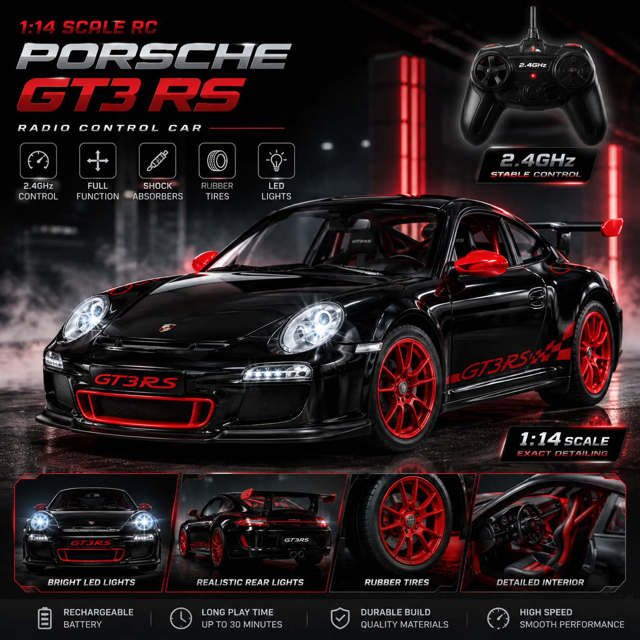 Black 1:14 Porsche GT3 full function remote control sports car