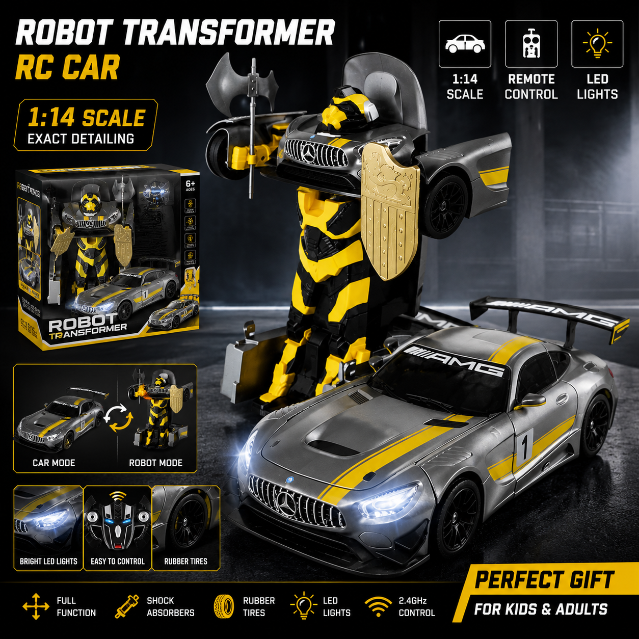 Blue 1:14 RC Mercedes-Benz GT3 transformer dancing robot car