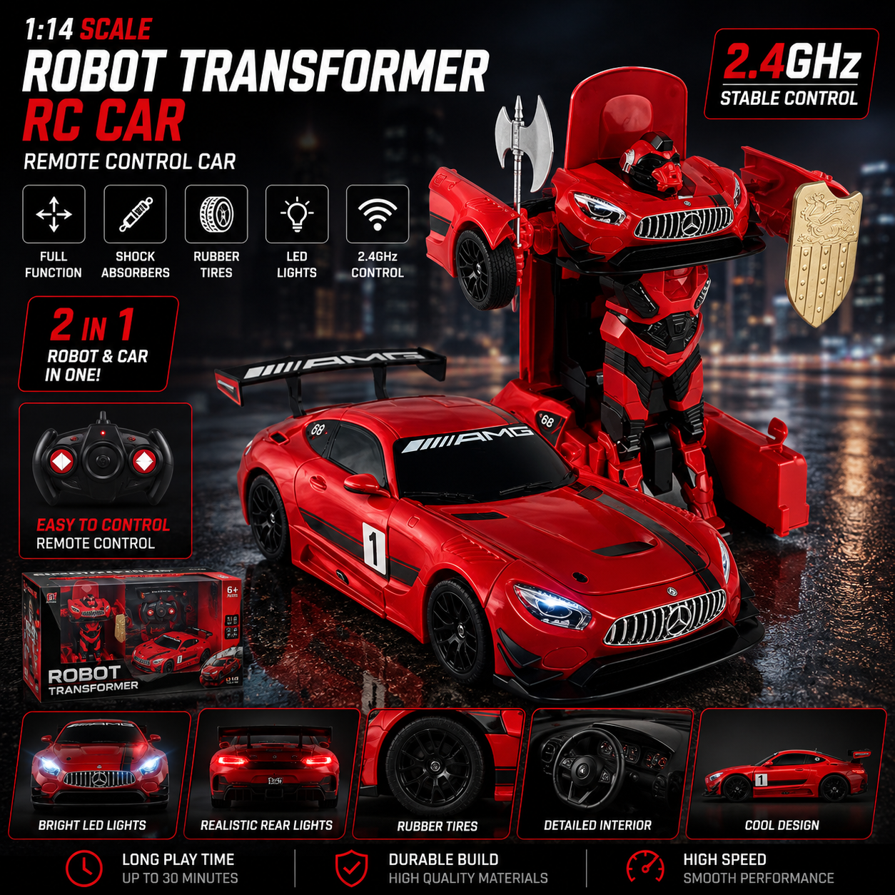 Red 1:14 RC Mercedes-Benz GT3 transformer dancing robot car