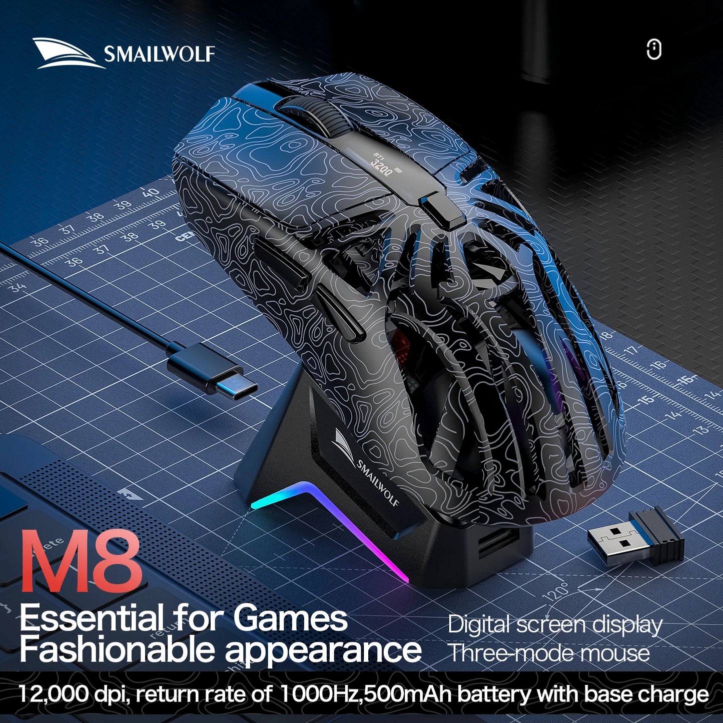 🔥🖱️ SMAILWOLF M8 Wireless RGB Gaming Mouse – 12000 DPI Tri-Mode