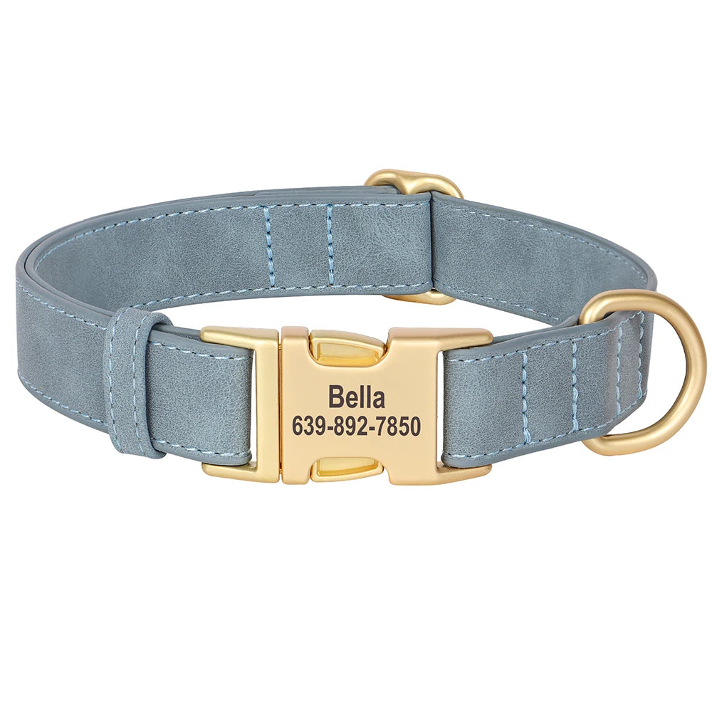 PU Leather Dog Collar with Free Custom Engraved Nameplate, Adjustable Anti‑Lost Buckle Collar for All Dog Sizes