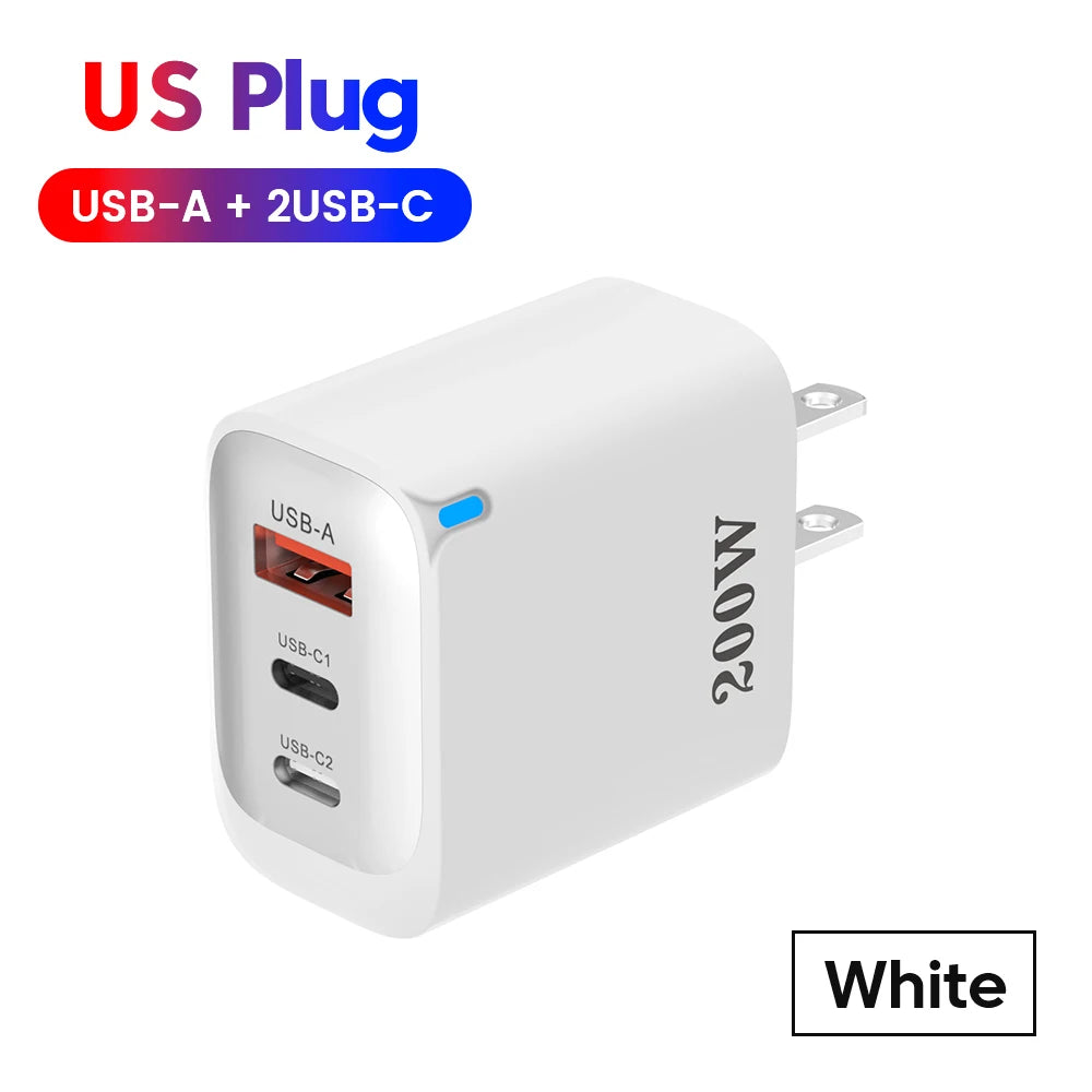 200W USB Type C Charger Quick Charge Portable Fast Charger 1U+2C Multi Port Charging Head