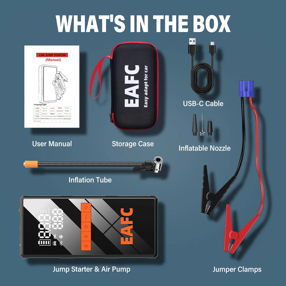 🚗⚡ 12V Car Jump Starter 4-in-1 – Wireless Tire Inflator Air Compressor, Power Bank & Fast Charging Portable Battery