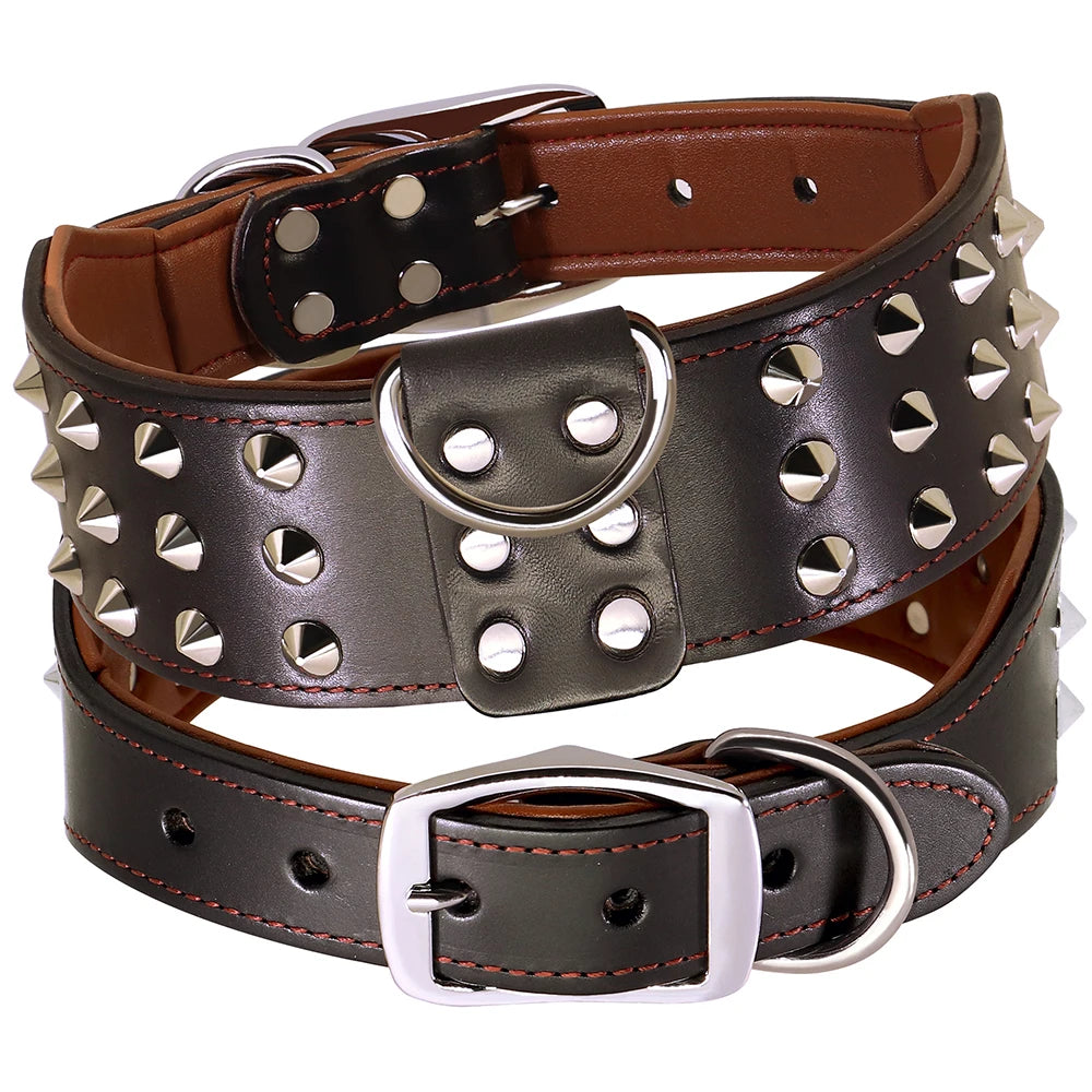 🐕🛡️ Spiked Studded Big Dog Collar – Genuine Leather Wide Anti-Bite Collar for Rottweiler & Pitbull