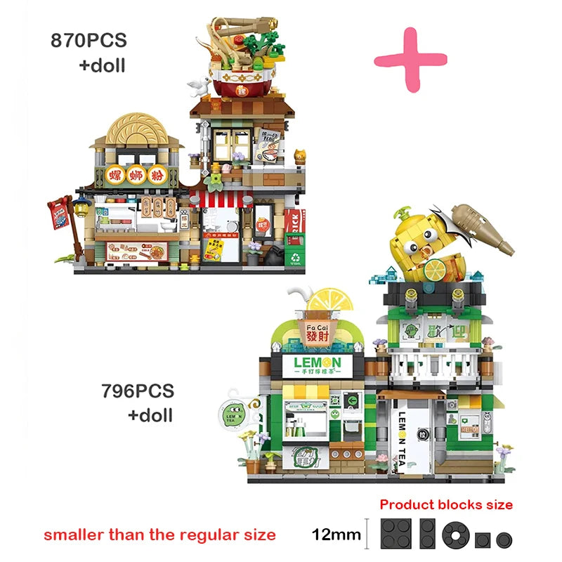 🍋🍜 Creative Mini Building Blocks – Snack Bar, Sea Fish Food House & Lemon Tea Shop DIY Puzzle Toy for Kids & Girls