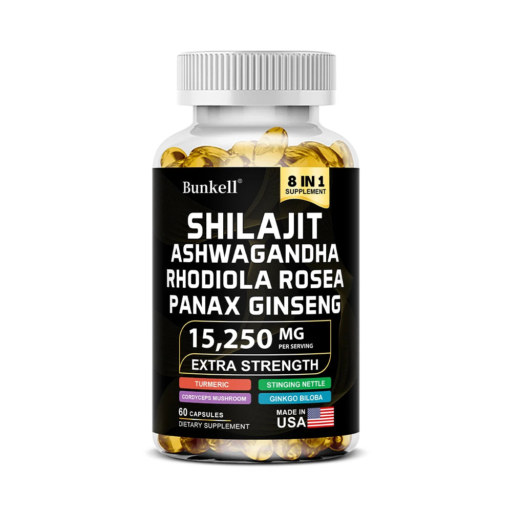 15250mg Shilajit Capsules with Ginseng Ashwagandha Turmeric, Energy Supplement Muscle Mass Endurance