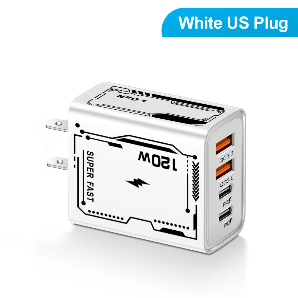 USB C PD Charger 120W ⚡ | 4-Port Quick Charge 3.0 Type-C Wall Adapter | Fast Charging Phone Charger for iPhone 16/15/14/13, Samsung S24 Ultra, Xiaomi, OnePlus
