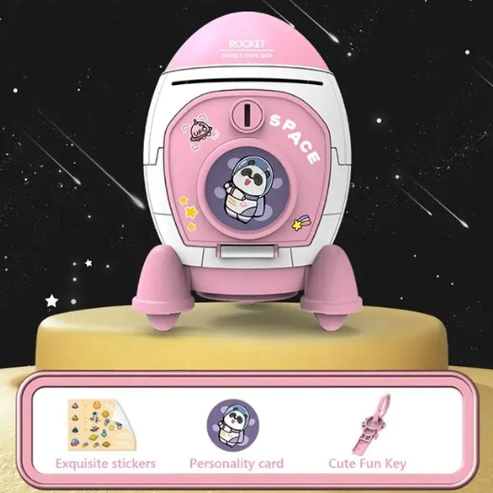 🚀🐷 Cute Children Piggy Bank Space Rocket Money Box ✨ | Cartoon Sticker Plastic Cash Box 💰 | Multi-Purpose Kids Gift Toy