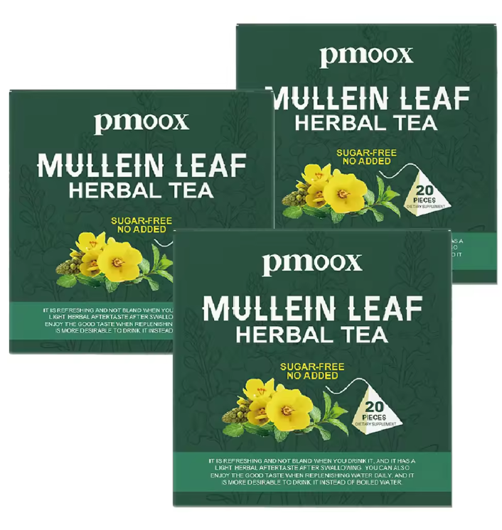 Three packages of pmoox Mullein Leaf Herbal Tea on a white background