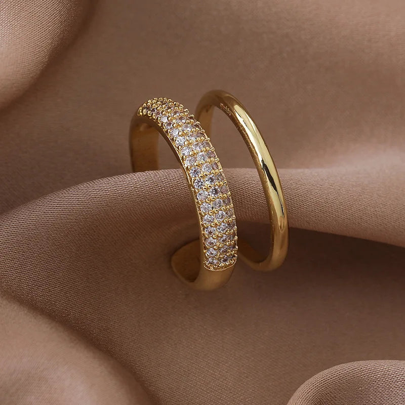 💍✨ Luxury Gold Color Double Layer Wide Couple Rings 💛 | Stainless Steel Shiny Crystal Rings for Women & Men 👩❤️👨 | Fashion Finger Jewelry Gift