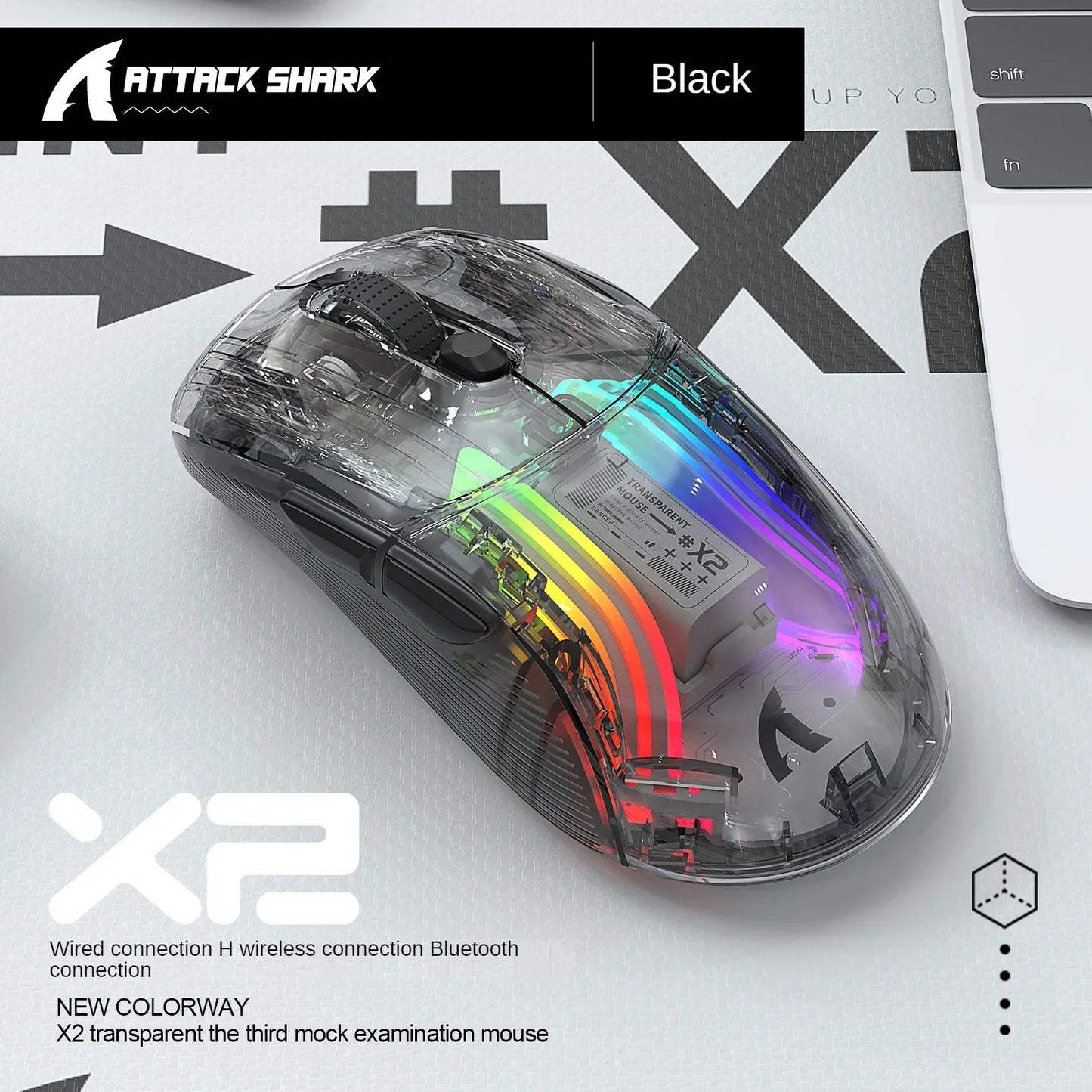 🔥🖱️ ATTACK SHARK X2 Pro Triple Mode Wireless RGB Gaming Mouse – Transparent Shell