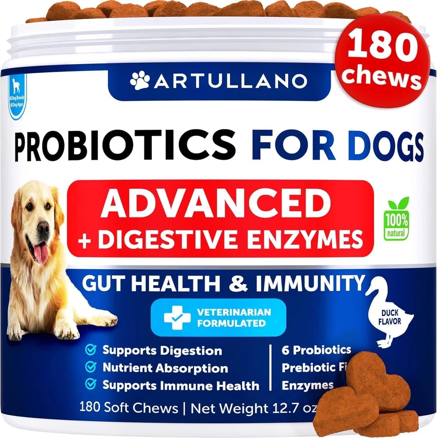 Dog Probiotics & Digestive Enzymes – Gut Health, Itchy Skin, Allergy & Immunity Support | 180 Chews