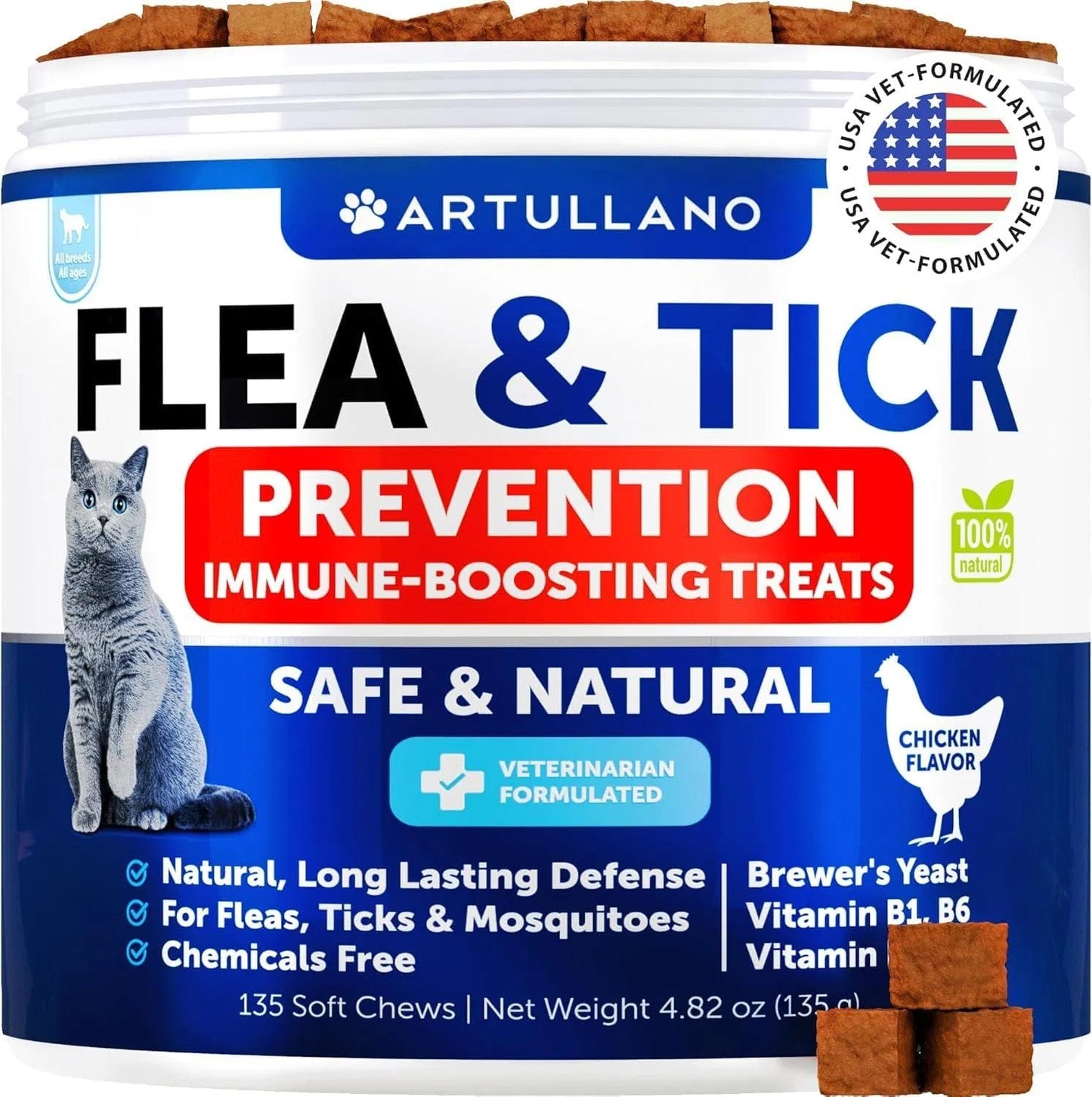 Natural Flea & Tick Chews for Cats β Daily Protection + Skin, Coat & Dental Support | 135 Soft Chews β¨