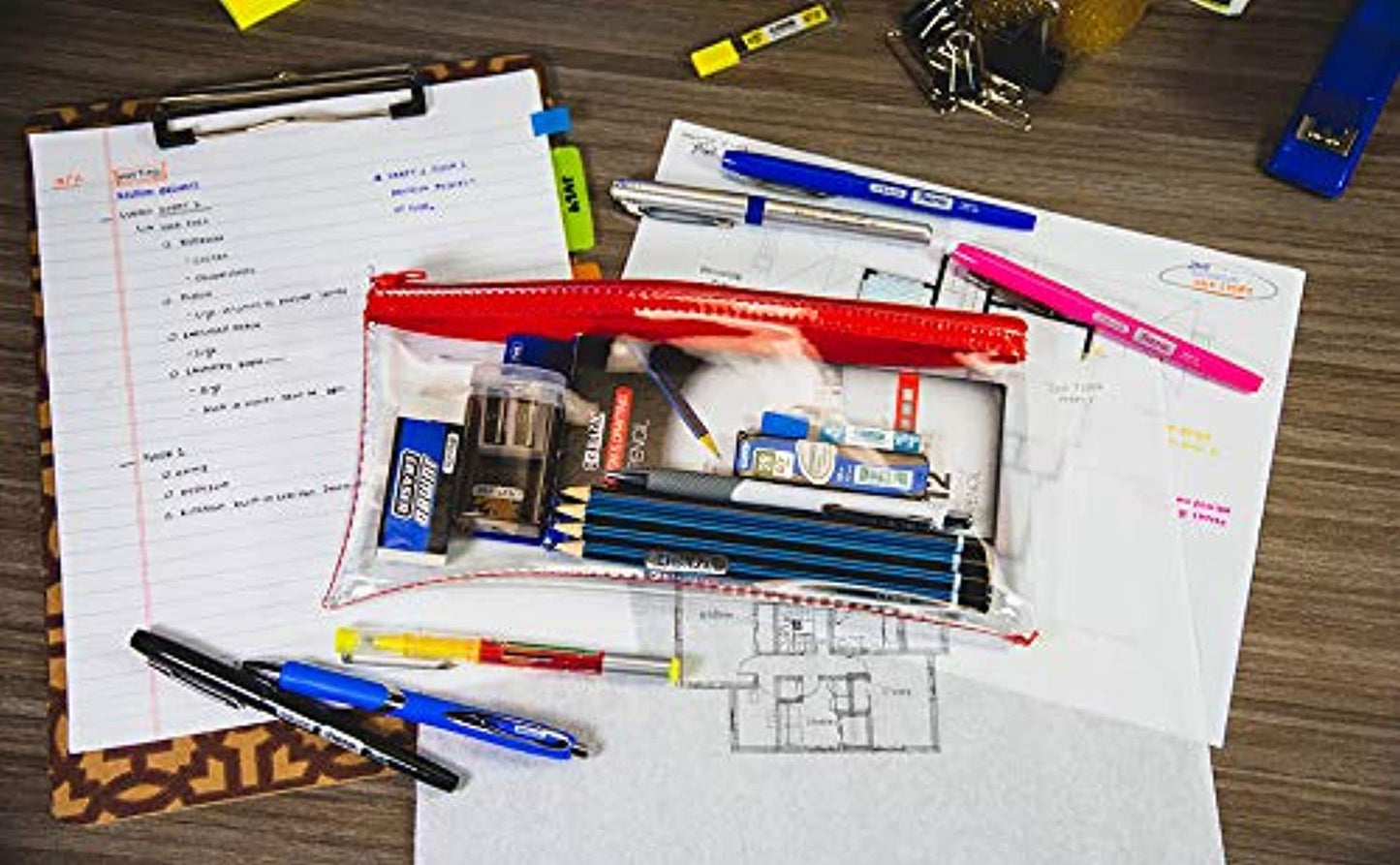 BAZIC 11" x 5" Clear Pencil Pouch, Bulk Stationery Pouch Zipper Pen Invoice Pouches Bag Case for Student School Supplies Office College Cosmetics Travel, Assorted Color, 6-Pack.