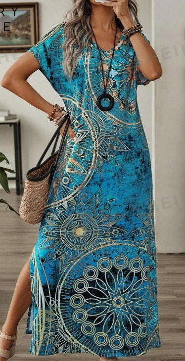 Women's Vintage Floral Print V-Neck Batwing Sleeve Maxi Dress