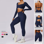 Spring All-matching Casual Contrast Color Beauty Back Yoga Clothes Suit for Women Long Sleeve Gold Ammonia Cloud Fabric Tight Fit Breathable Sports Set