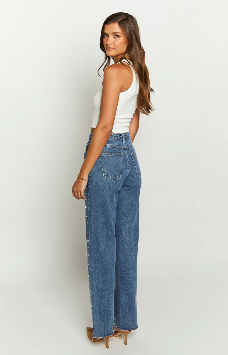 Distressed Straight-Leg Jeans with Beaded Detail