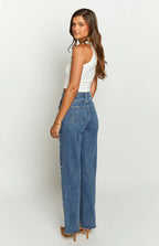 Distressed Straight-Leg Jeans with Beaded Detail