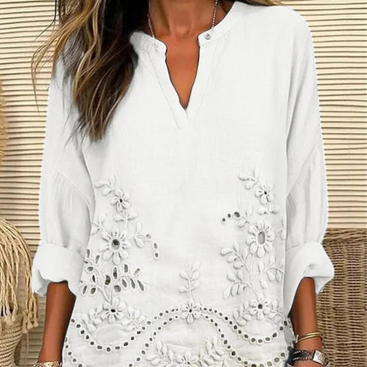 Loose V-neck Printed Long Sleeved Shirt