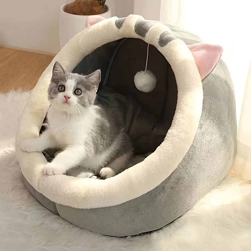 Cozy Cartoon Cat Cave Bed - Foldable & Portable Sponge Pet House for Indoor Cats, Cabin Style