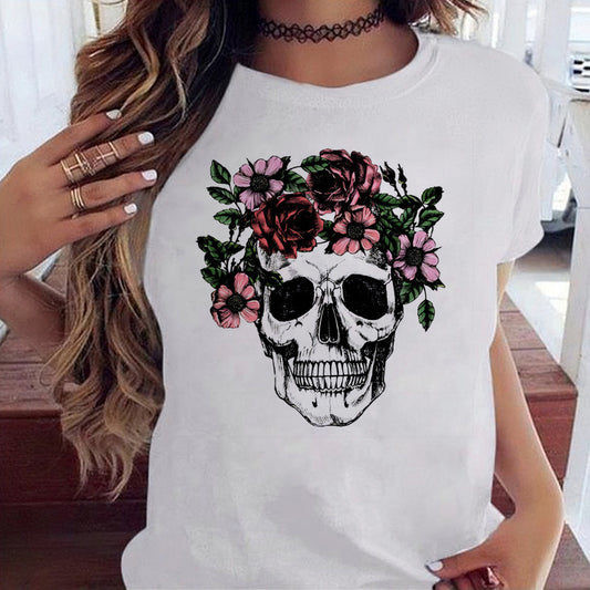 Women's Skull Floral Round Neck Vintage T-Shirt