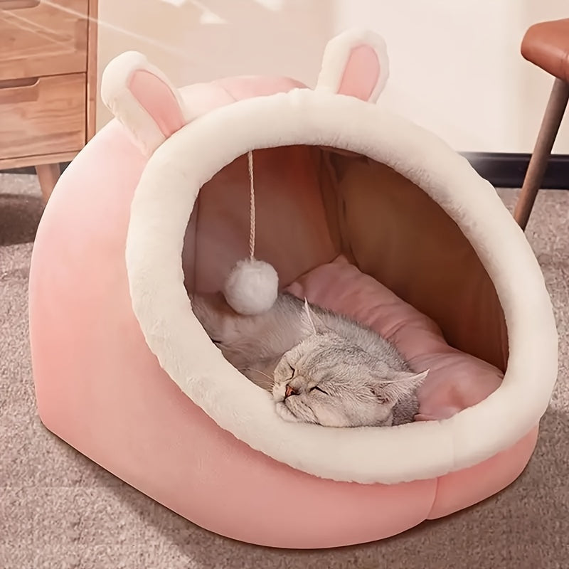 Cozy Cartoon Cat Cave Bed - Foldable & Portable Sponge Pet House for Indoor Cats, Cabin Style