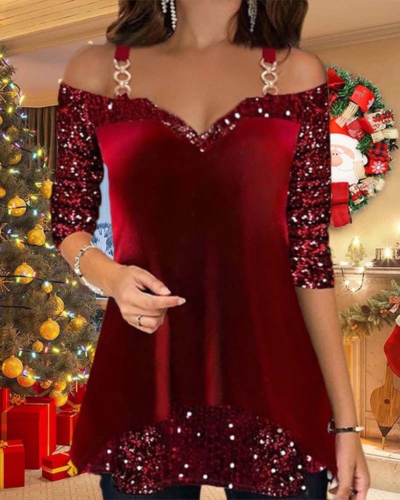 Elegant Solid Suede & Sequin Spliced Sling Top