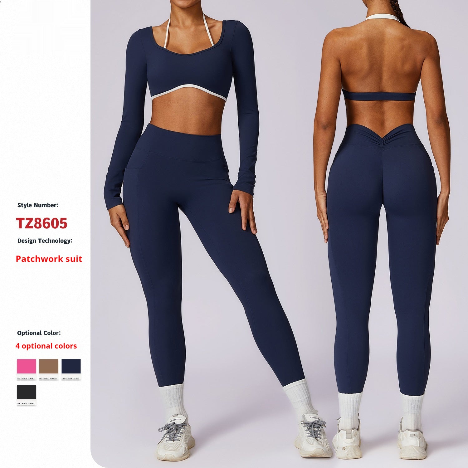 Spring All-matching Casual Contrast Color Beauty Back Yoga Clothes Suit for Women Long Sleeve Gold Ammonia Cloud Fabric Tight Fit Breathable Sports Set