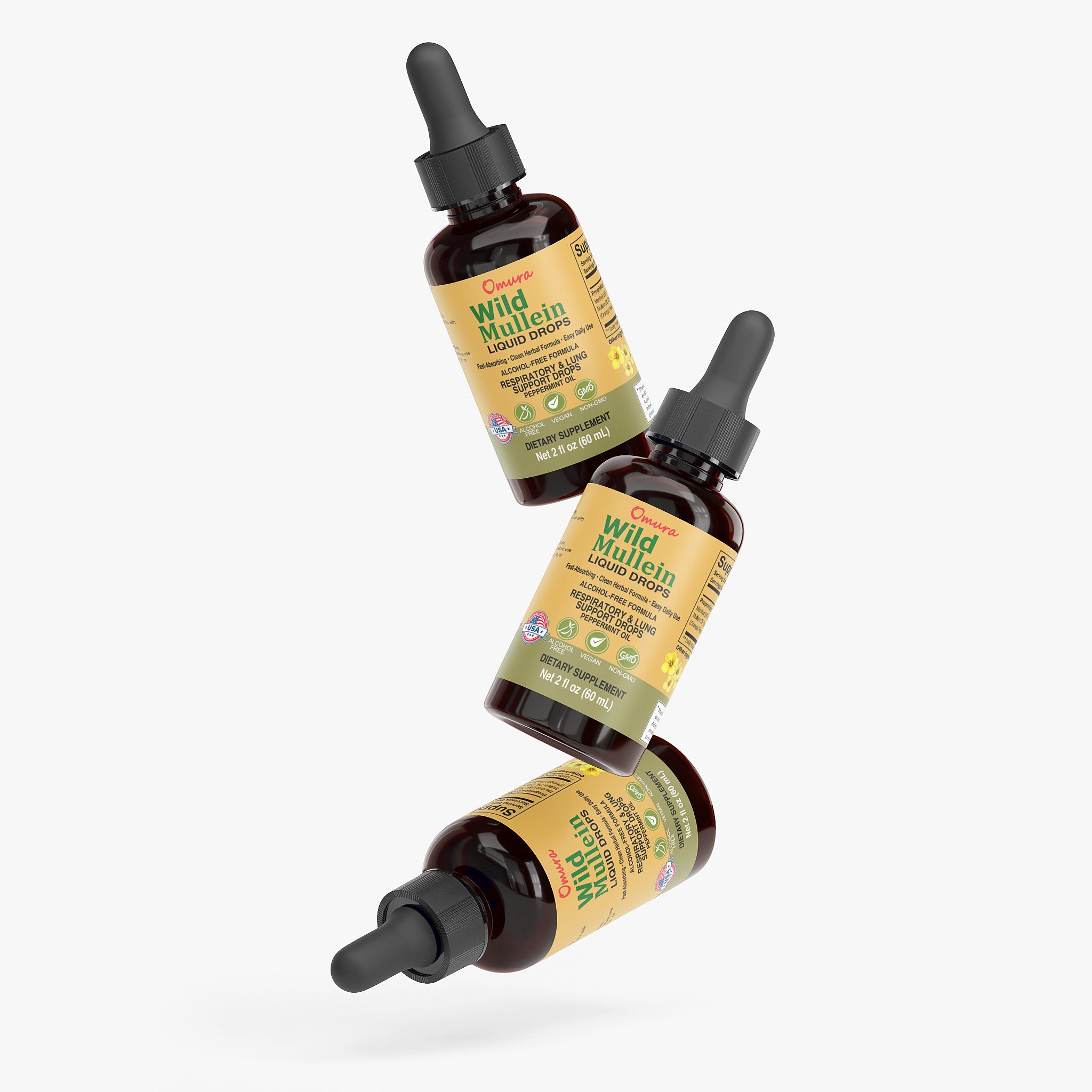 Two bottles of Wild Mullen tincture on a white background