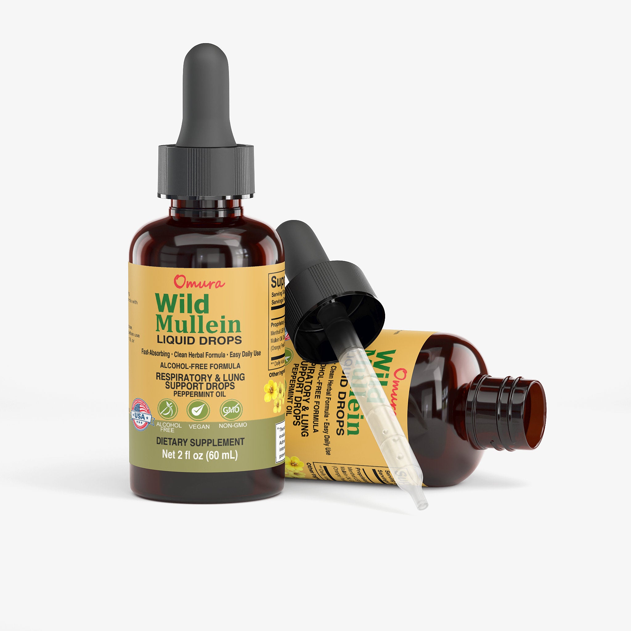 Omura Wild Mullein Liquid Drops bottle with dropper on a white background