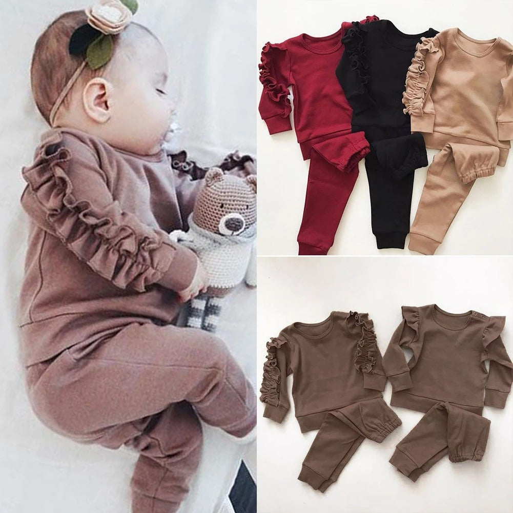 Newborn Baby Boys Girls Ruffles Jumper Solid Long Sleeve Sweatshirt Tops Pants Infant Kids 2Pcs Outfits Clothes Set Fall Clothes