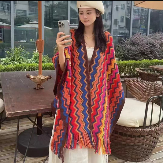 New Wave Pattern Geometric Long Knit Shawl with Slit - Ethnic Style Travel Wrap