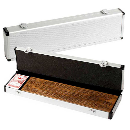 ✨ Cribbage 3‑Track Walnut Board 🎲 in Aluminum Case with Cards 🃏