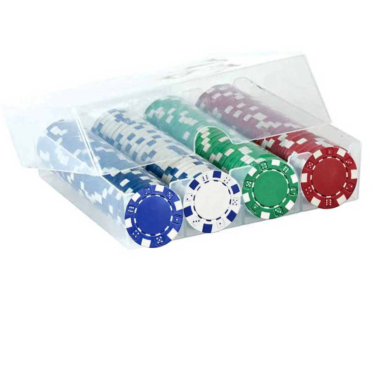 100‑Piece 11.5g Poker Chips Set with Dice, Suited & Las Vegas Designs in Clear Plastic Case G8Central