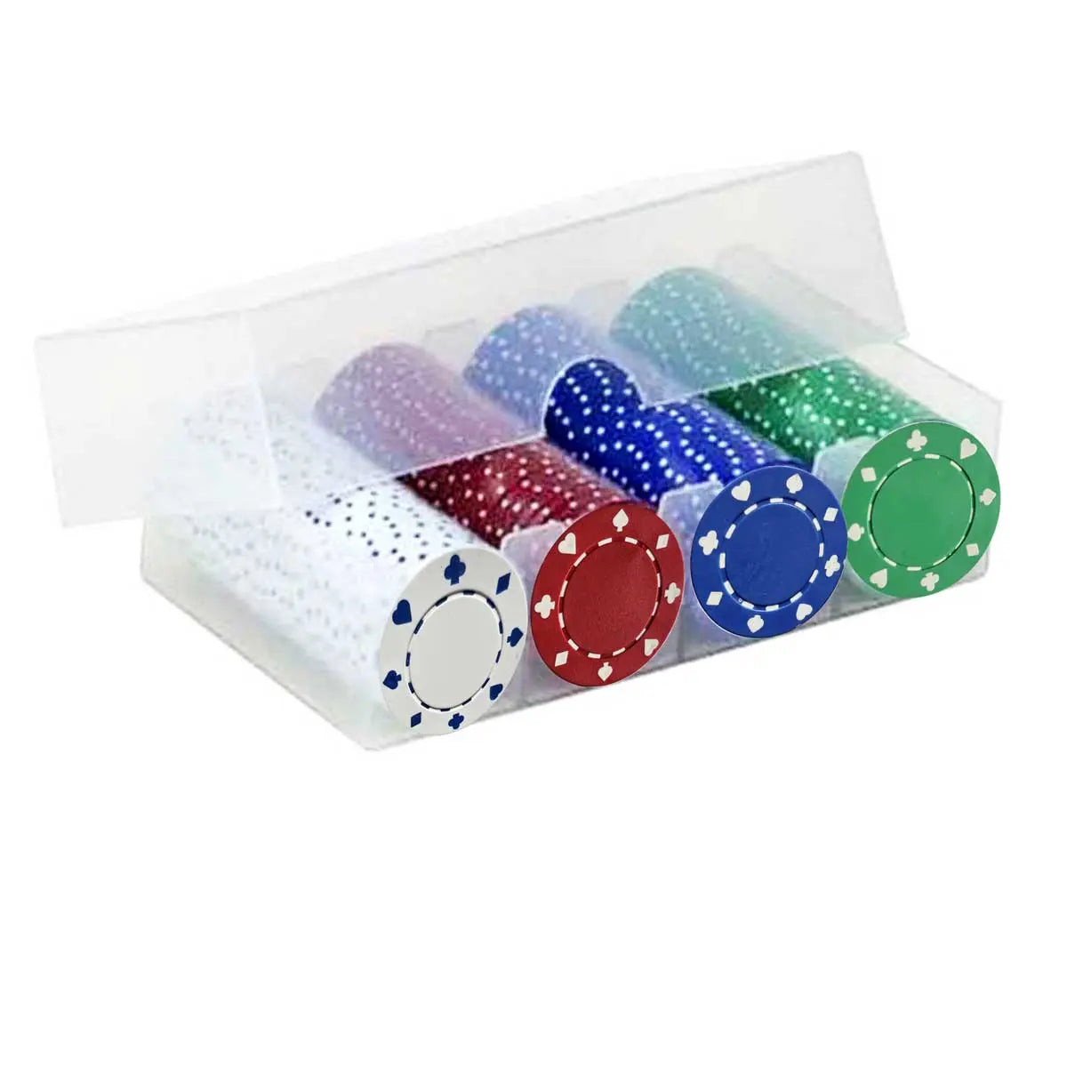 100‑Piece 11.5g Poker Chips Set with Dice, Suited & Las Vegas Designs in Clear Plastic Case G8Central