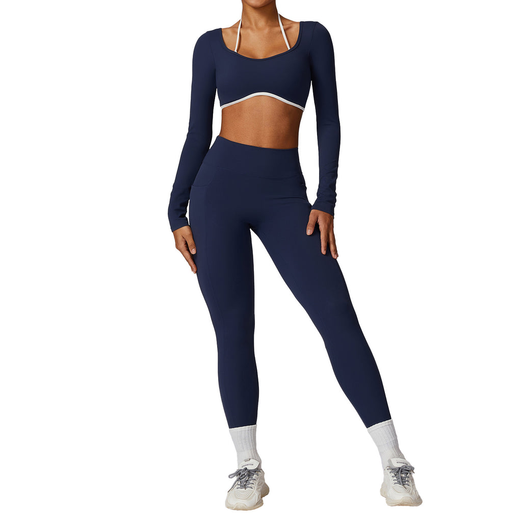 Spring All-matching Casual Contrast Color Beauty Back Yoga Clothes Suit for Women Long Sleeve Gold Ammonia Cloud Fabric Tight Fit Breathable Sports Set