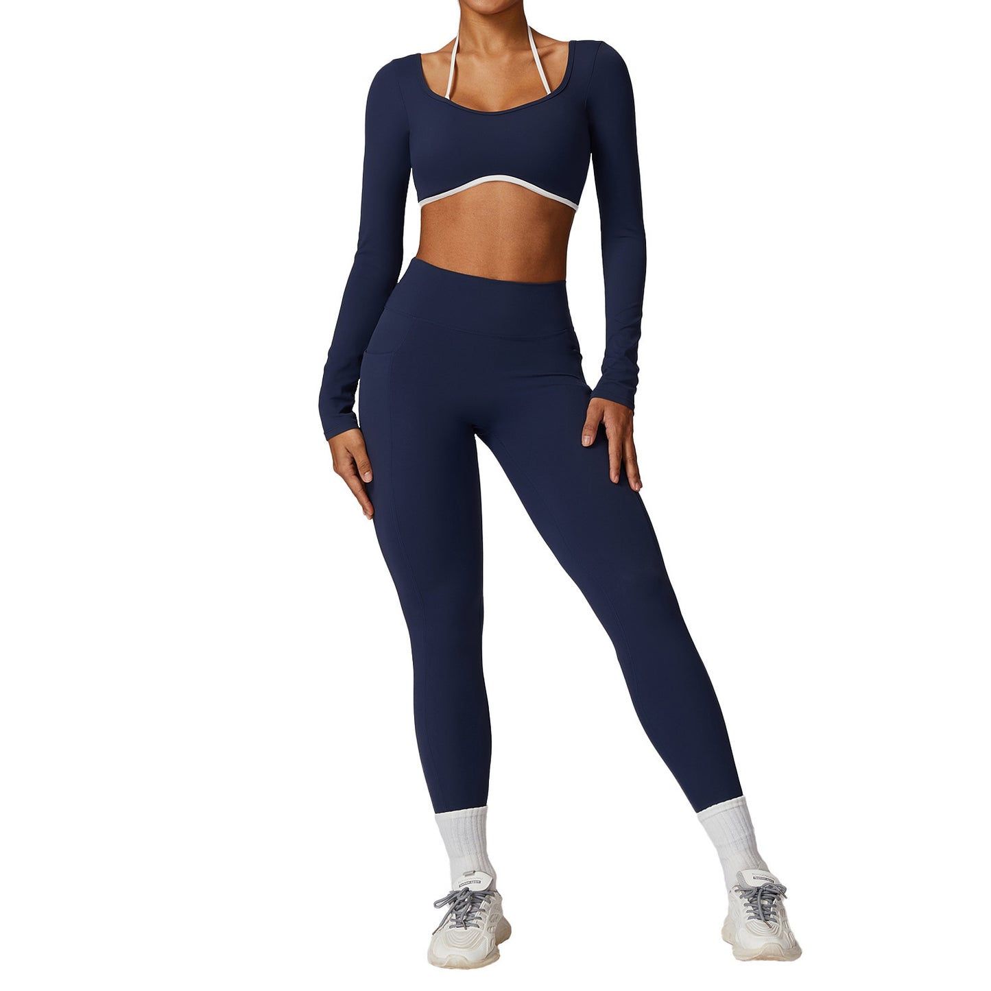 Spring All-matching Casual Contrast Color Beauty Back Yoga Clothes Suit for Women Long Sleeve Gold Ammonia Cloud Fabric Tight Fit Breathable Sports Set