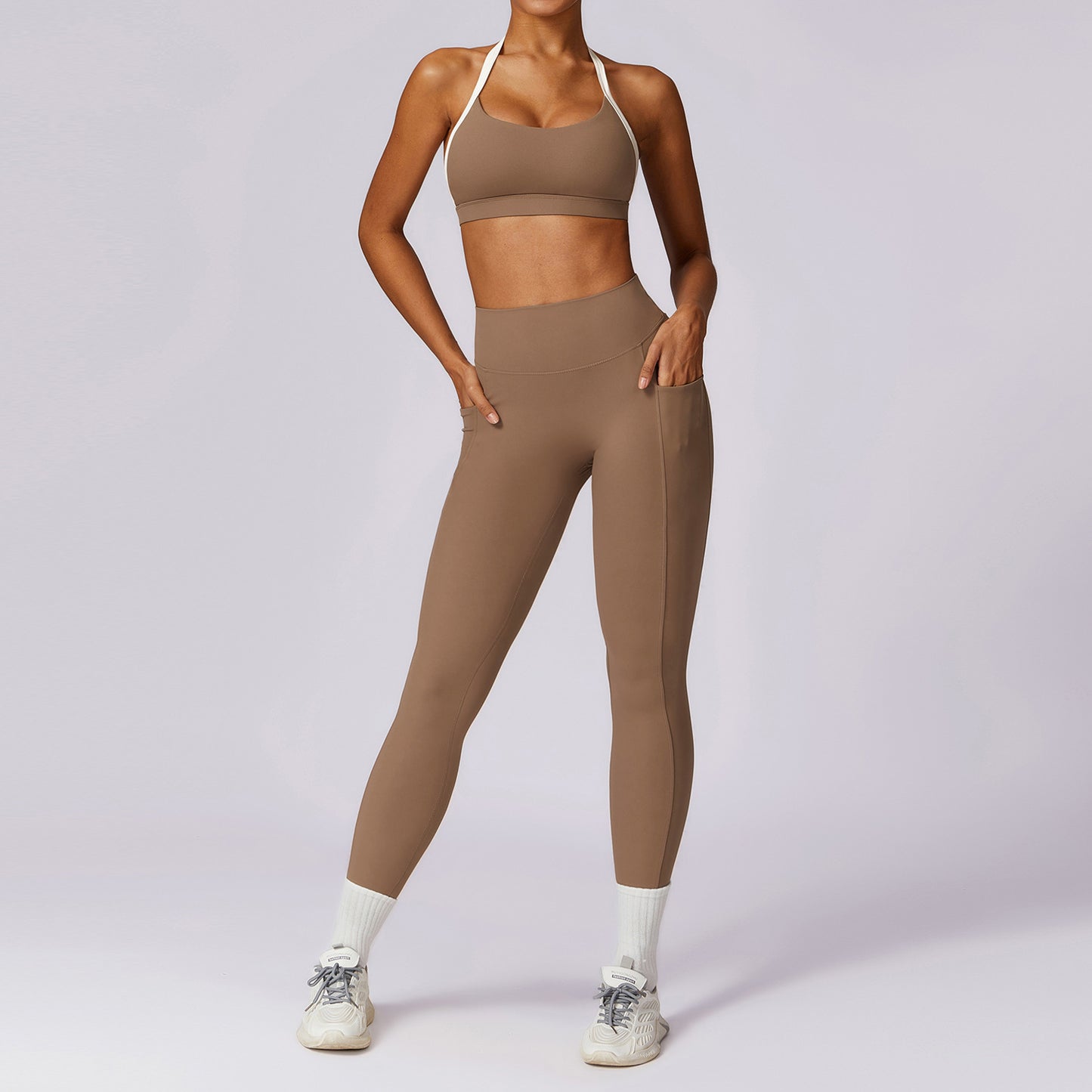 Spring All-matching Casual Contrast Color Beauty Back Yoga Clothes Suit for Women Long Sleeve Gold Ammonia Cloud Fabric Tight Fit Breathable Sports Set
