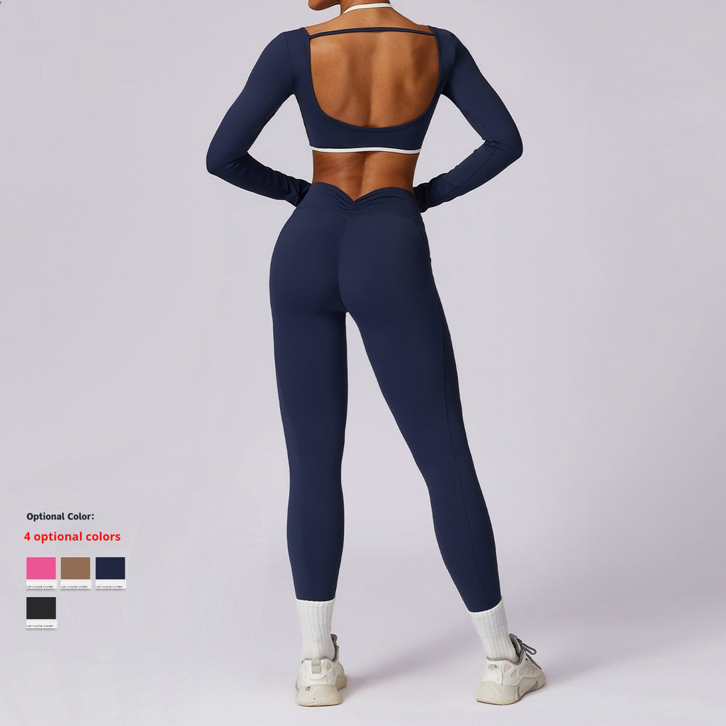 Spring All-matching Casual Contrast Color Beauty Back Yoga Clothes Suit for Women Long Sleeve Gold Ammonia Cloud Fabric Tight Fit Breathable Sports Set