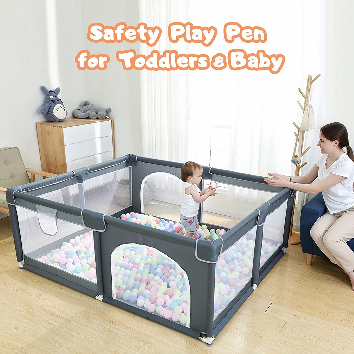 Large Baby Playpen79x71, Extra Large Play Pen For Babies And Toddlers, Play Yard With Gate, Baby Fence With Breathable Mesh, Safety Indoor & Outdoor Activity Center Grey