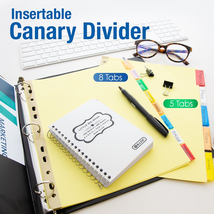 Binder 11-Hole Index Divider with Canary Paper Insertable Color Tabs, 8-count