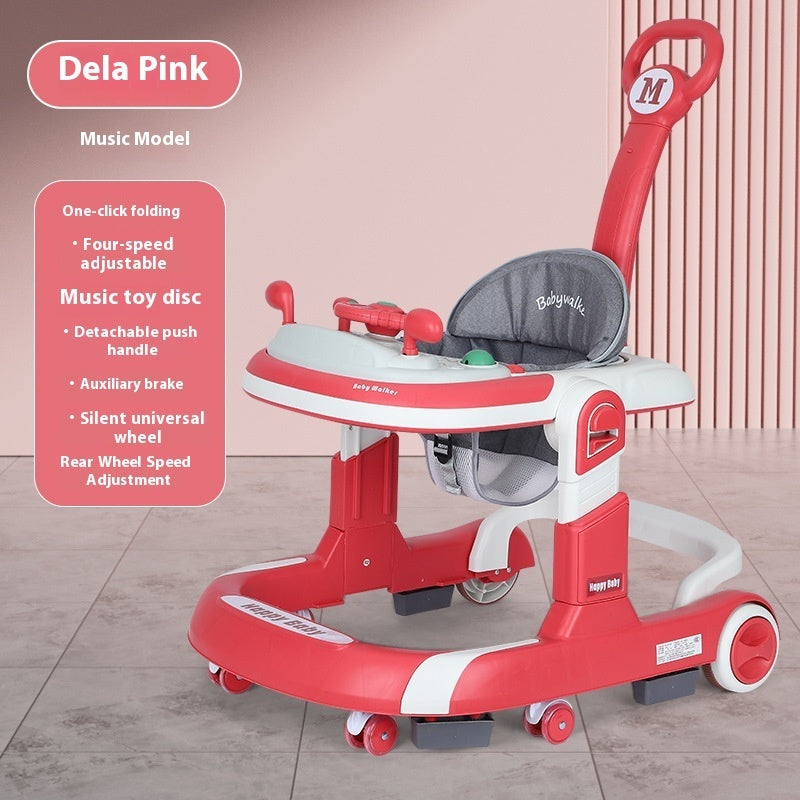 Lightweight Foldable Baby Walker with Push Handle | Multifunctional Anti-Rollover Infant Walking Aid with Music Toy Tray & Height Adjustment