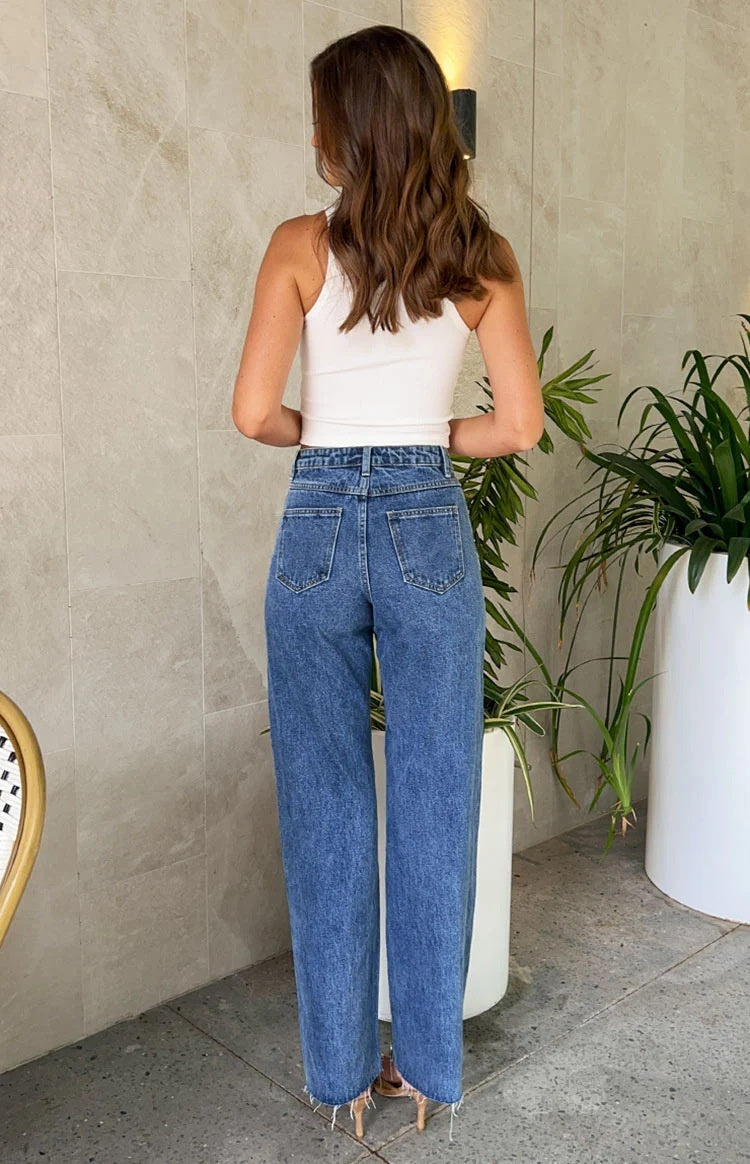 Distressed Straight-Leg Jeans with Beaded Detail