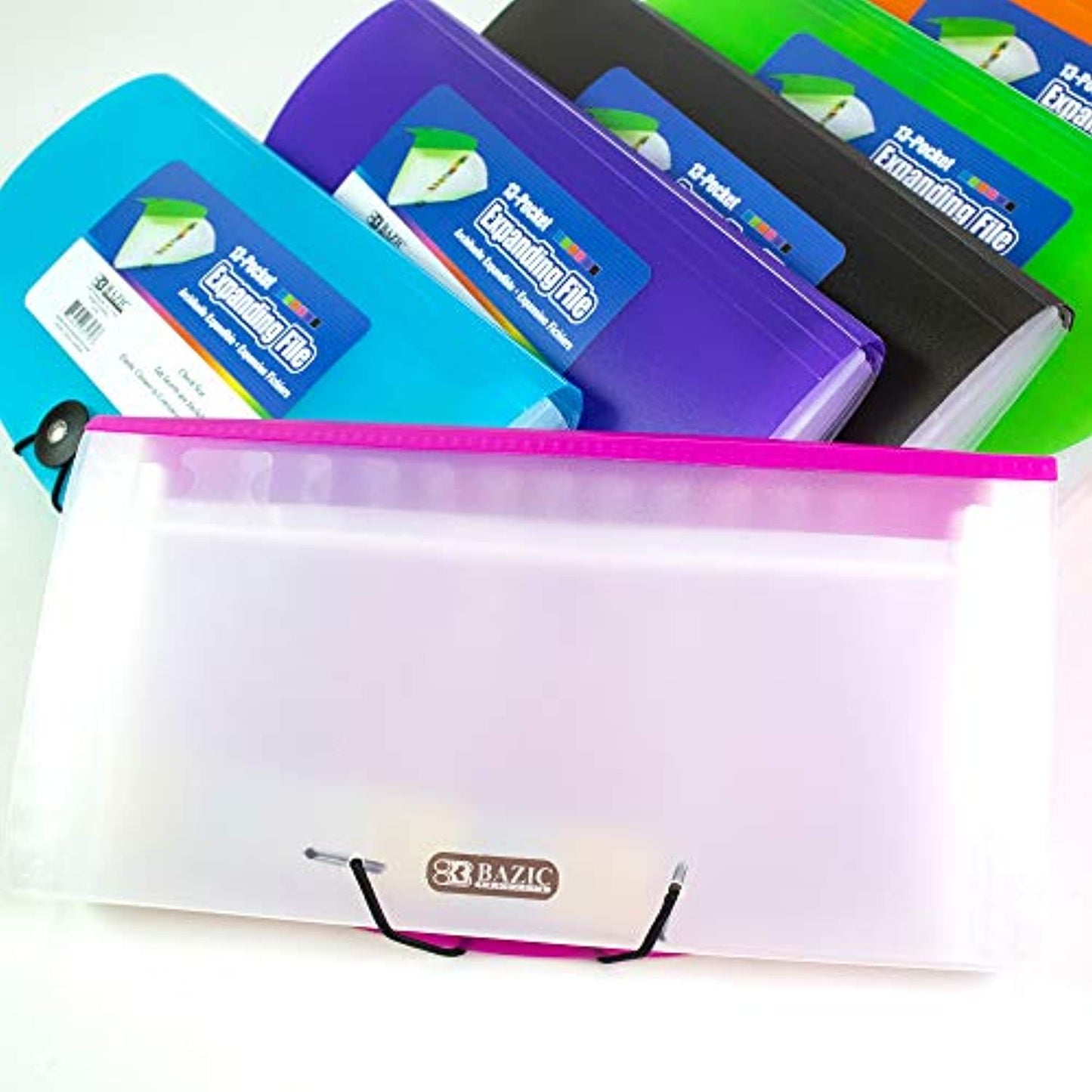 BAZIC 13 Pockets Dividers, Check Size Poly Expanding File, Holder Files Wallet Plastic Envelope Folders, Elastic Band Closure, Office Home Organize - Assorted Color, 4-Pack.