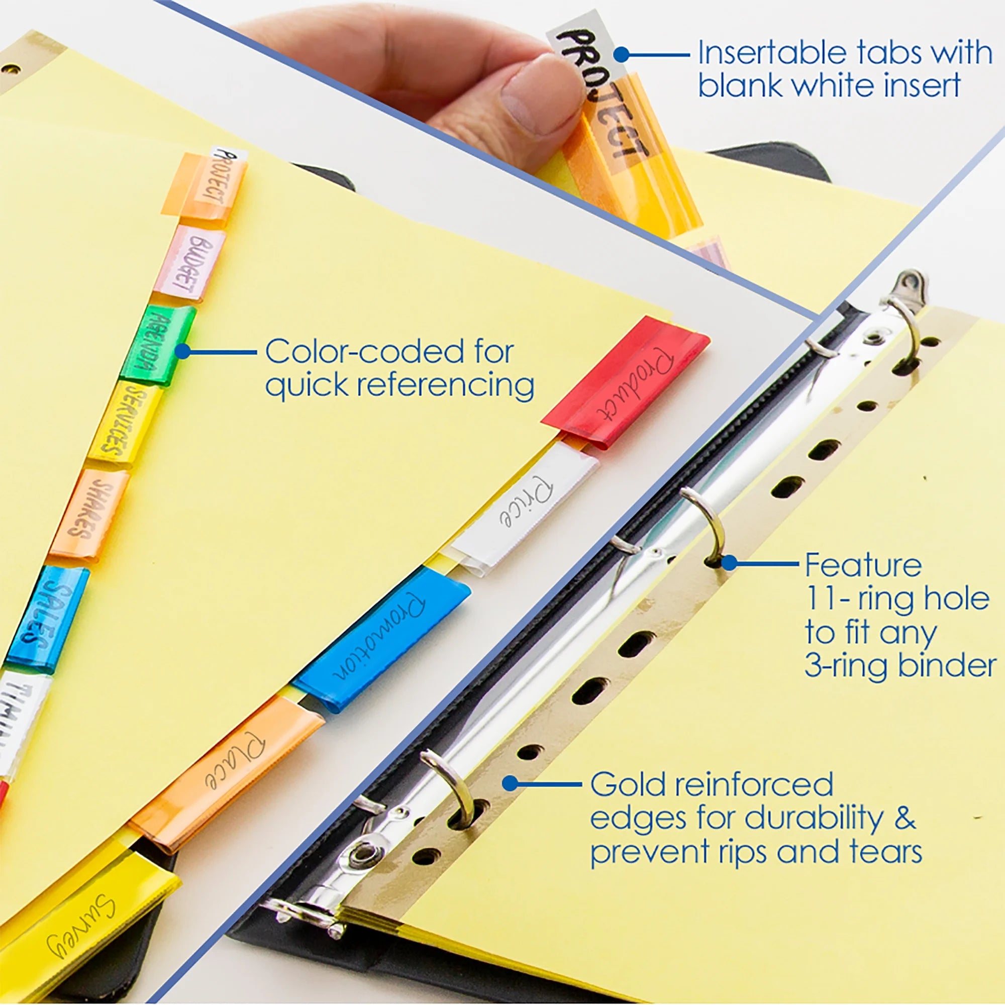 Binder 11-Hole Index Divider with Canary Paper Insertable Color Tabs, 8-count