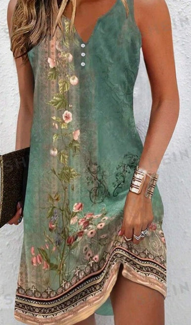 Women's Floral V-Neck Sleeveless Dress with Slit